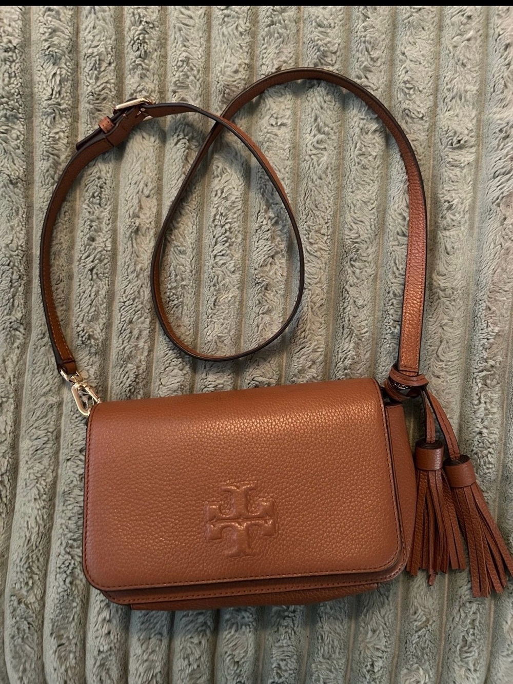 Tory Burch Tan Pebbled Leather Crossbody with Tassel